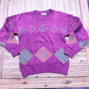 Vtg Merona Women's 100% Cotton Hand Framed Argyle Sweater - Purple and Brown